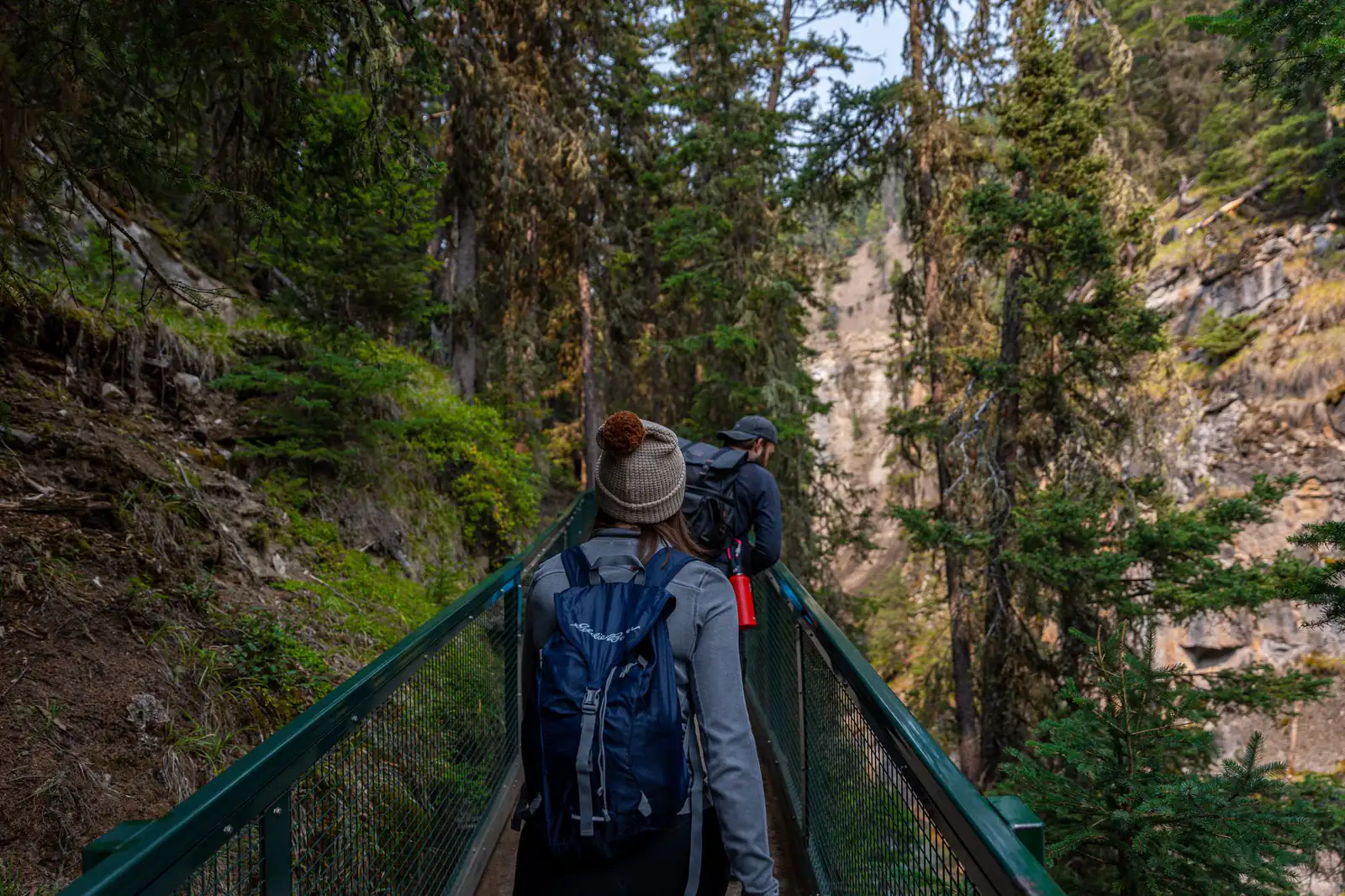A hiker on a catwalk trail through a forested canyon in Banff National Park